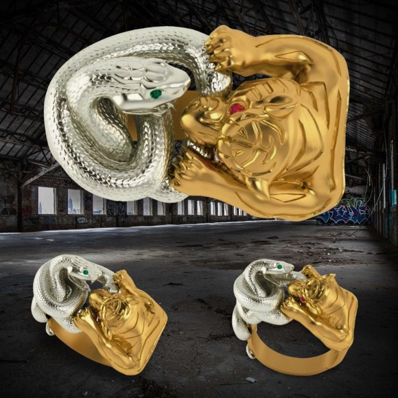 3D Retro Gold Tiger Silver Snake Fighting Animal Bohemia Ring - Picture 10 of 10